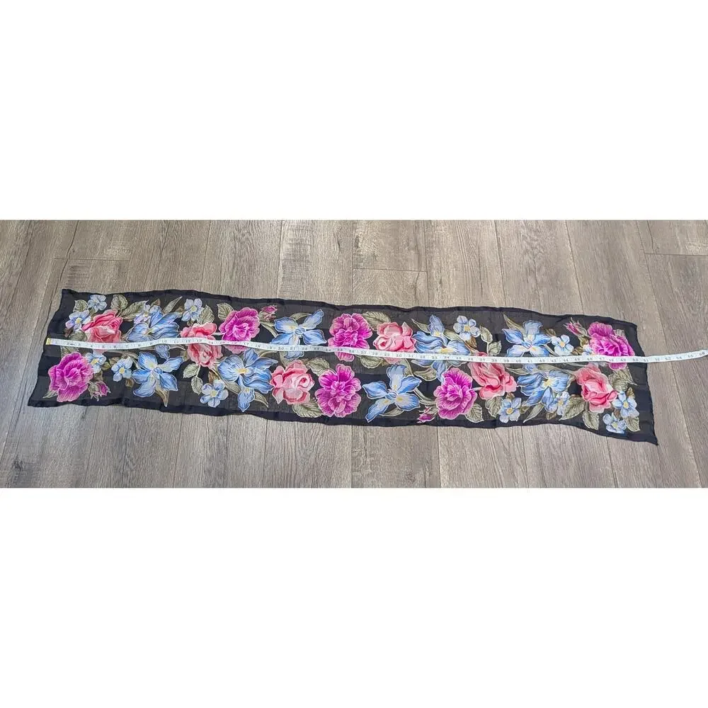 Black Floral Scarf Sheer Hair Festival Rodeo Boho Roses Iris Lily Oblong